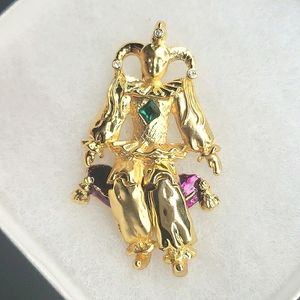 Rare 🔥Vintage Jester Enamel RhineStone Gold Brooch